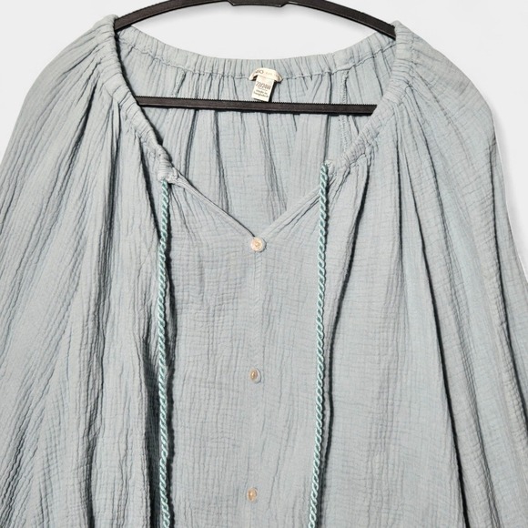 Cato Gauze Cotton Boho Tassel Button Blouse Blue 22/24W Plus Size Beach Coastal - Picture 2 of 9